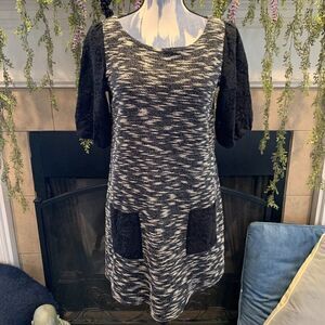 9-H15 STCL Anthropologie black and white tweed dress with black lace accents S